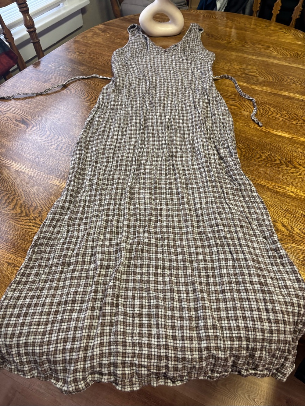 Afends Brown and White Check Maxi Dress with Side Ties